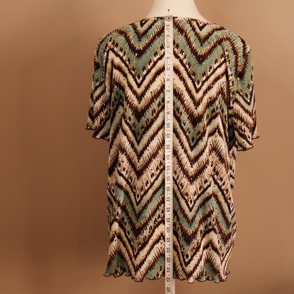 VTG Alfred Dunner Lightweight Ruffle Edge SS Top Green & Brown Glittery sz M - Picture 6 of 9